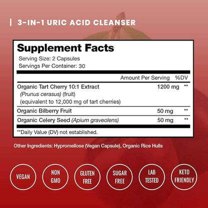 NutraChamps Organic Tart Cherry Extract Capsules 12,000mg - Made from Montmorency Tart Cherry Concentrate, Celery Seed & Bilberry - Uric Acid Cleanse & Joint Support - Vegan Tart Cherry Capsules