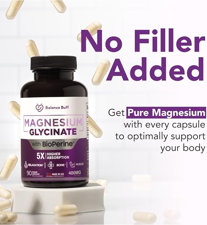 Magnesium Glycinate 400mg with Bioperine - 5X Higher Absorption - Support Stress Relief, Sleep, Bone Health - 100% Chelated - Pure Magnesium Supplement - 90 Veggie Capsules