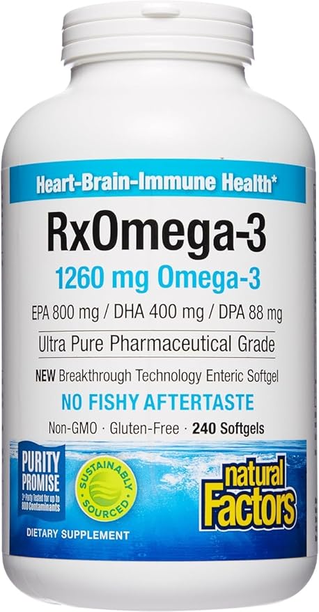 Natural Factors, RxOmega-3 Fish Oil, Pharmaceutical Grade, 1260 mg Omega-3 Per Serving, No Fishy Aftertaste, 240 Count (Pack of 1)