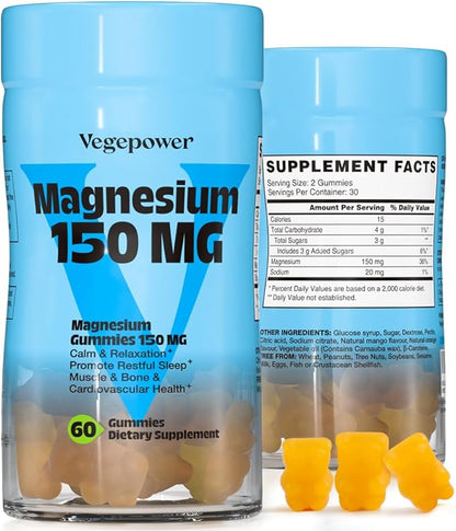 Magnesium Gummies for Kids & Adults, Magnesium Citrate Supplements for Sleep, Muscle/Bone and Relaxation, Chewable Magnesio, Mango | 60 Vegan Bears