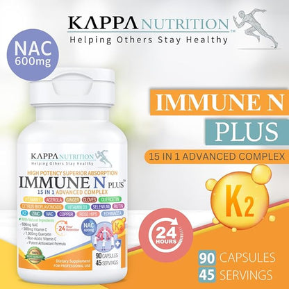 (90 Capsules), NAC 600mg, Quercetin 1,000mg, Vitamin C 500mg, Zinc 50mg, Vitamin D3 5,000iu, Selenium, Copper, Acerola, Ginger, Rutin, Citrus Bioflavonoids, Rose Hips, Echinacea, Immune N Plus 15 in 1