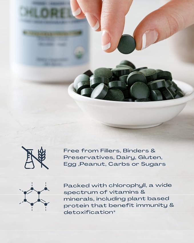 Organic Chlorella Tablets - Organic, Non-GMO, No Additives or Fillers - 500mg Premium Quality Dietary Supplement with Vitamins, Minerals, & Antioxidants (120 Tablets)