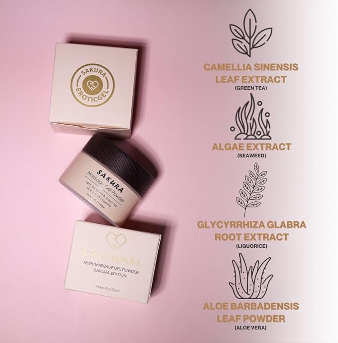 Sakura Edition Nuru Massage Gel Powder 40g | Aloe Vera, Seaweed, Liquorice, & Green Tea | Made in Japan | Paraben & Glycerine Free | Makes 1.05 gal | Unscented, Colorless and Tasteless