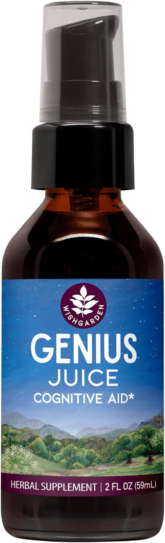 WishGarden Herbs Genius Juice - Liquid Herbal Nootropic Brain Booster Supplement for Focus, Clarity, Concentration & Energy with Ginkgo Biloba & Gotu Kola, Cognitive Support, No Caffeine, 2oz