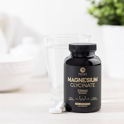 Magnesium Glycinate Chelated for Max Absorption - Supports Bone, Muscle, Nerves & Heart Health, Nature's Sleep and Stress Support, Best Magnesium Supplement Pills for Whole Body Support - 240 Tablets