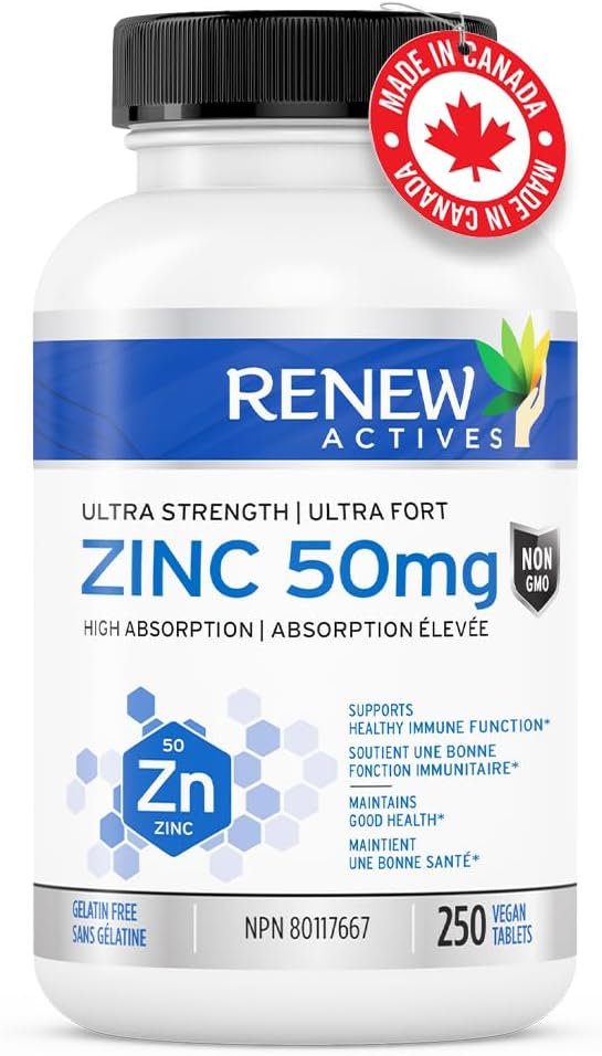Renew Actives Zinc Supplements 50MG per Serving - Essential for Immune Health, Strong Bones & Promoting Healthy Hair, Nails & Glowing Skin for Daily Use - Made in Canada - 250 Tablets