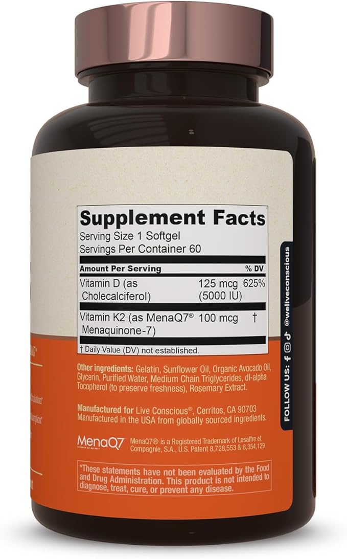 Live Conscious Vitamin K2 MK7 with D3 Supplement | Bone & Heart Health Support - Patented Vitamin K & Vitamin D3 5000 IU - 60 Softgels