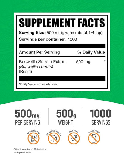 BulkSupplements.com Boswellia Serrata Extract Powder - from Frankincense Resin, Boswellia Serrata Powder - Herbal Supplement, Gluten Free, 500mg per Serving, 500g (1.1 lbs) (Pack of 1)