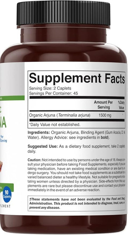 Brieofood Organic Arjuna 1500mg, 45 Servings, Vegetarian, Gluten Free, 90 Vegetarian Tablet
