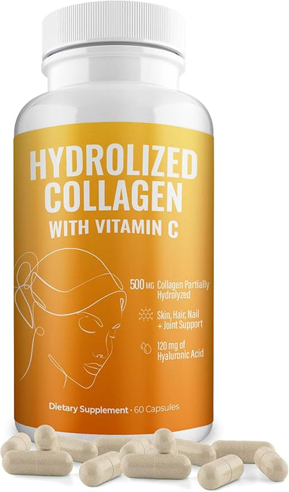 Aura Vitamin Hydrolyzed Collagen with Vitamin C Capsules 500mg Great Energy | Skin, Hair and Nail Support | Hyaluronic Acid Pills - 60ct (1)