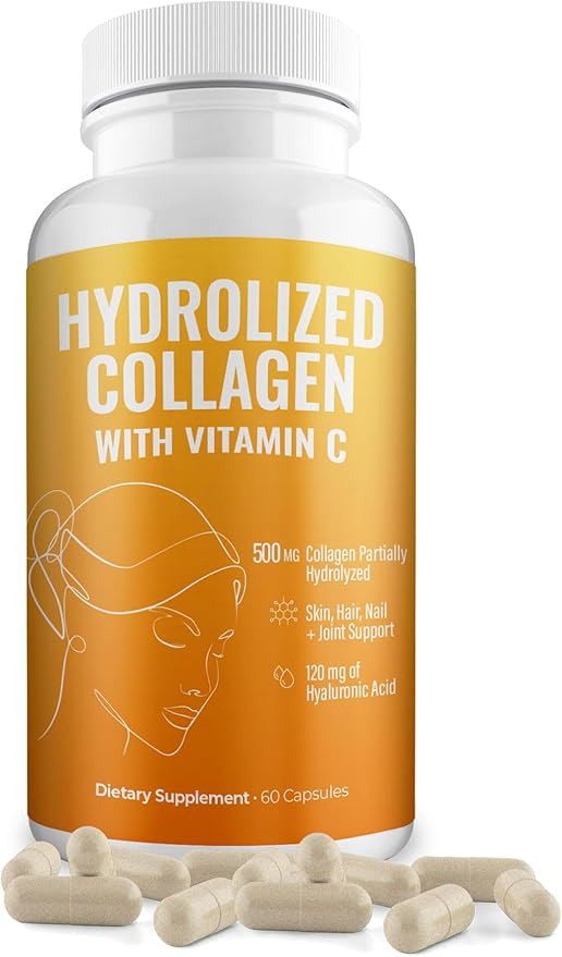 Aura Vitamin Hydrolyzed Collagen with Vitamin C Capsules 500mg Great Energy | Skin, Hair and Nail Support | Hyaluronic Acid Pills - 60ct (1)