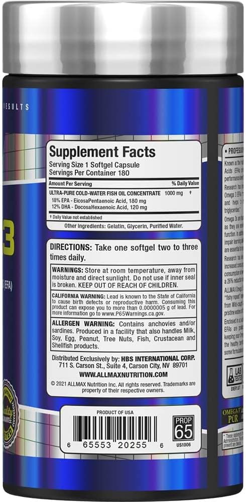ALLMAX Nutrition Omega 3 Ultra-Pure Cold-Water Fish Oil Concentrate, 180 Count