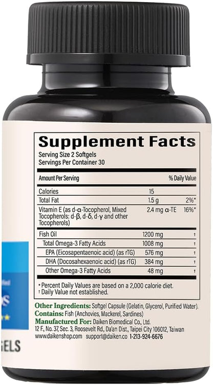 DAIKEN Mini Fish Oil 1200 mg, rTG Omega 3 1000mg, 60 Softgels, High Absorption & Burpless Fish Oil for Healthy Heart, Brain and Dry Eyes Support