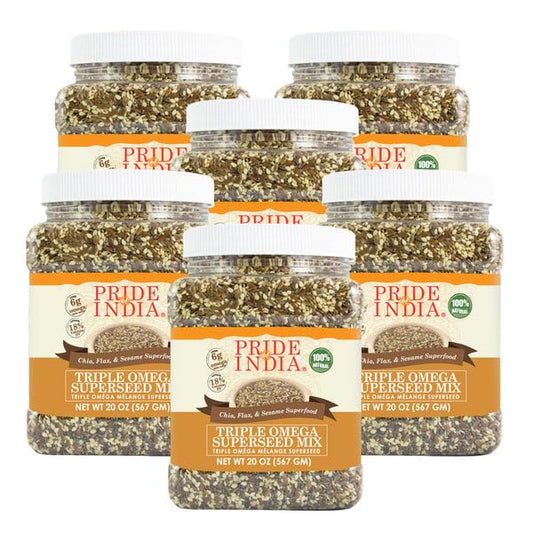 Pride Of India - PACK of 6 - Triple Omega Superseed Mix - Protein, Fiber, Calcium, Iron, Omega-3, Omega-6, & Thiamin Rich Superfood w/Chia Flax & Sesame Seeds, 1.25 Pound (20oz) Jar