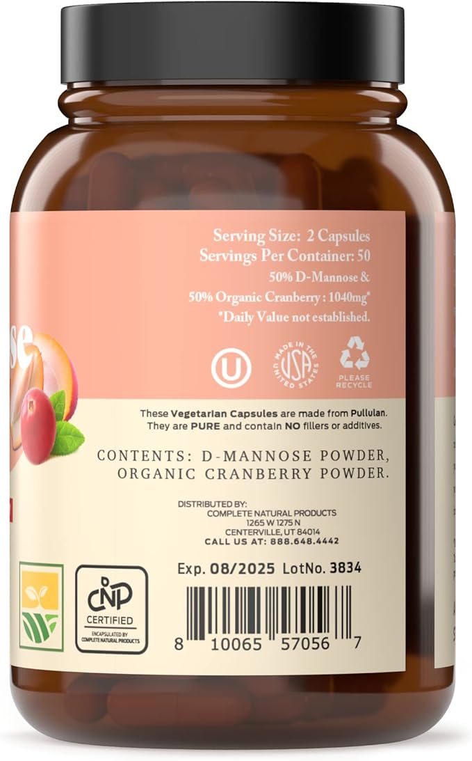 Complete Natural Products D-Mannose & Cranberry Capsules - 100 Capsules, 1040mg per Serving for Urinary Tract Health and UT Flush