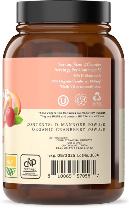 Complete Natural Products D-Mannose & Cranberry Capsules - 100 Capsules, 1040mg per Serving for Urinary Tract Health and UT Flush