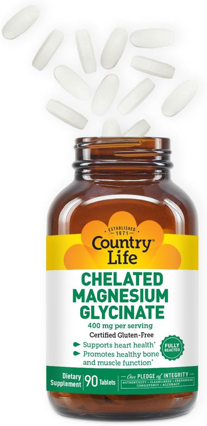 Country Life Chelated Magnesium Glycinate 400mg, 90 Tablets, Certified Gluten Free, Certified Vegan, Certified Halal, Non-GMO Verified