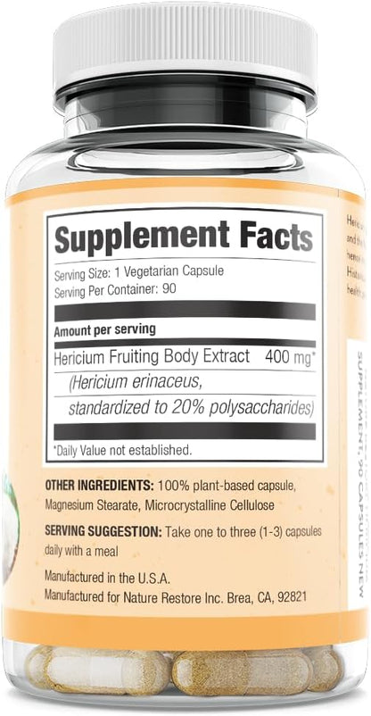 Nature Restore Hericium Erinaceus Extract Mushroom Supplement, 90 Capsules, 20% polysaccharides