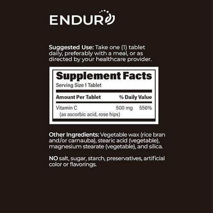 EndurC, Time Release Vitamin C Supplement Tablets for Optimal Absorption, Ascorbic Acid & Vitamin C with Rose HIPS, 500mg, 90 Tablets