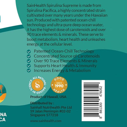 SuperGreen Spirulina Complex - Superfoods (Spirulina grown in Hawaii, Chlorella & Brocolli), Supports Metabolism & Energy Boost and the body's natural detoxification process 500mg, 180 tabs