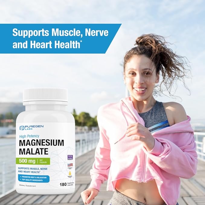 Puregen Labs Magnesium Malate 500mg | High Potency Elemental Magnesium | 180 Veggie Caps, Superior Absorption, Non-GMO, NO Gluten and Dairy, Supports Muscle, Joint, and Heart Health