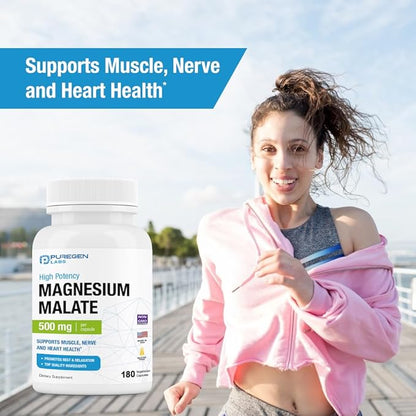 Puregen Labs Magnesium Malate 500mg | High Potency Elemental Magnesium | 180 Veggie Caps, Superior Absorption, Non-GMO, NO Gluten and Dairy, Supports Muscle, Joint, and Heart Health