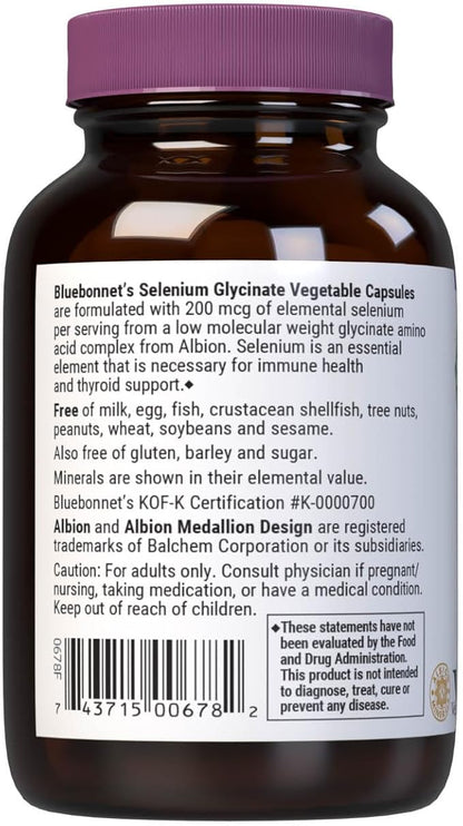 Bluebonnet Nutrition Albion Selenium Glycinate, Immune Health*, Thyroid Health*, Soy-Free, Gluten-Free, Non-GMO, Kosher Certified, Dairy-Free, Vegan, 90 Vegetable Capsules, 90 Servings
