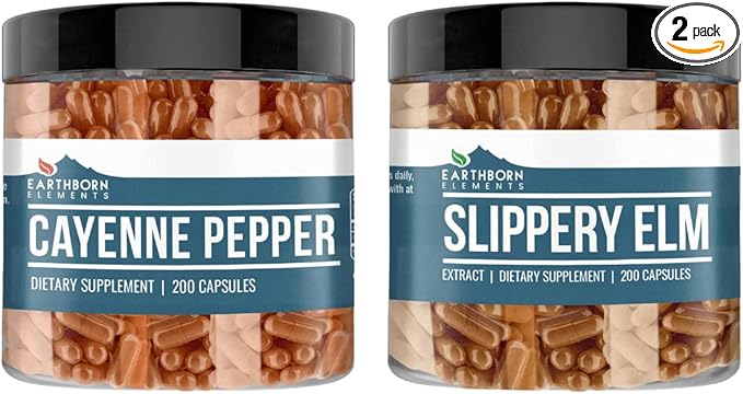 Earthborn Elements Cayenne Pepper & Slippery Elm Bundle (200 Capsules Each) Pure & Undiluted, No Additives