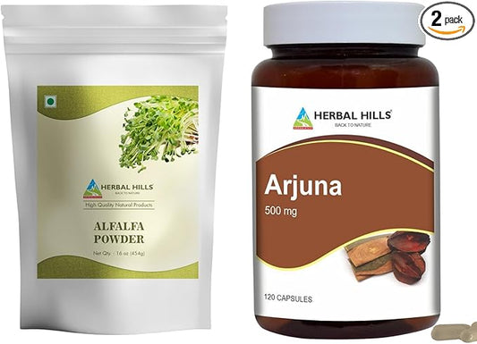 HERBAL HILLS Alfalfa Leaf Powder and Arjuna Capsules Terminalia Pack of 2 Combo