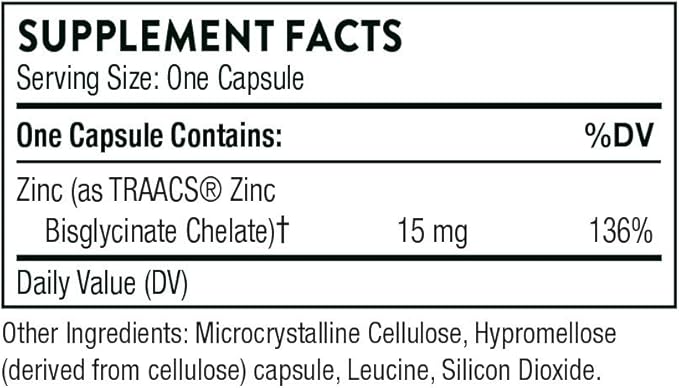 THORNE Zinc Bisglycinate 15mg - Daily Support for Skin, Eye & Immune System Health* with Zinc Supplement Capsules - 60 Capsules