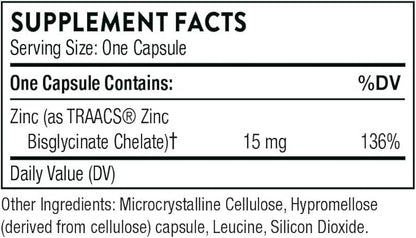 THORNE Zinc Bisglycinate 15mg - Daily Support for Skin, Eye & Immune System Health* with Zinc Supplement Capsules - 60 Capsules