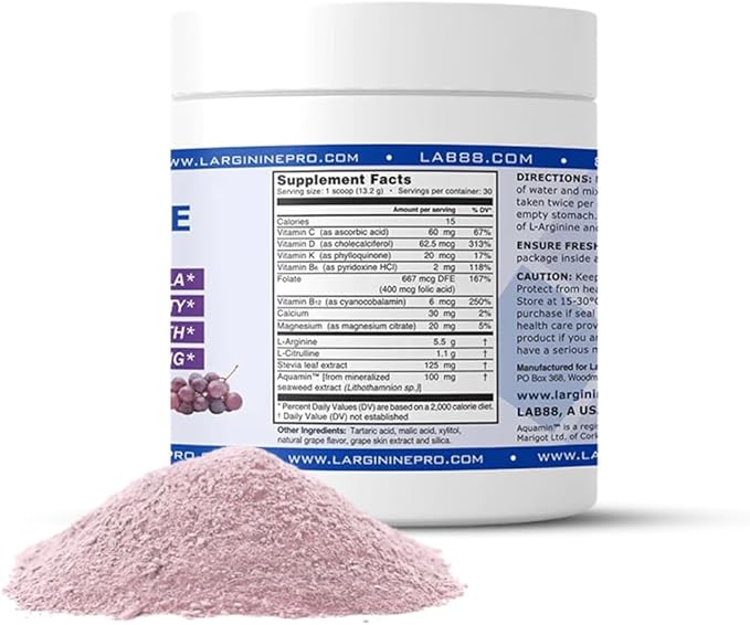 L-ARGININE PRO | 5,500mg L-Arginine Plus L-Citrulline 1,100mg Grape Powder Drink Mix Supplement for Increased Nitric Oxide Production