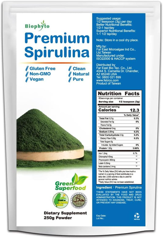 Spirulina Powder 250g - 83 Days Supply, Enriched Vitamins, B12 - Green Superfood, Vegan, Non-GMO, Gluten-Free, Non-Irradiated - Boosts Energy, Supports Immunity.