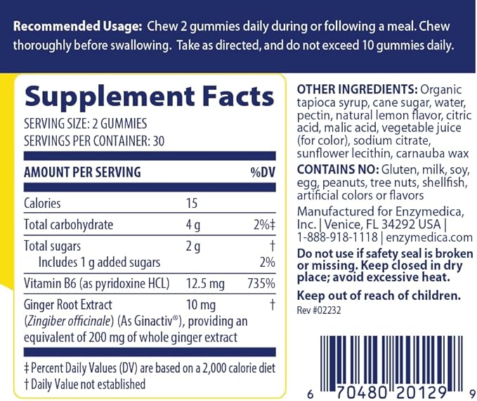 Enzymedica, Ginger & Vitamin B6 Gummies, Support for Occasional Nausea & Indigestion, High Potency, Equivalent to 200 mg Ginger Extract, 60 Count