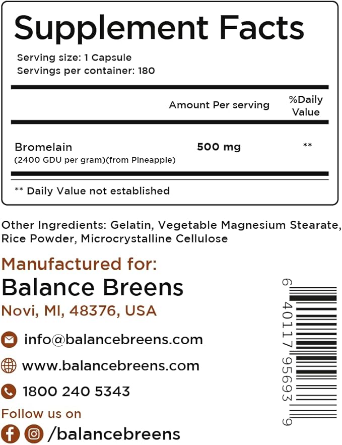 Balancebreens Bromelain 500mg, 180 Capsules - Pineapple Extract Digestive Enzyme, Supports Digestion and Joint Health Supplement