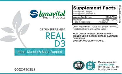 Lunavital Real D3 (10,000UD), Heart, Muscle & Bone Support, 90 Softgels