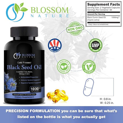 Black Seed Oil Capsules 1000mg - Premium Black Cumin Seed Oil Capsules - Black Seed Oil Liquid Pills - Virgin Cold Pressed Nigella Sativa Oil Pills - Blackseed Oil - 120 Cap (2 Month Supply)
