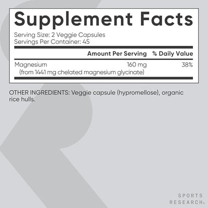 Sports Research® Magnesium Glycinate - Supports Restful Sleep & Enzymatic Processes - 160 mg Chelated Magnesium - Vegan Capsule - 90 Count