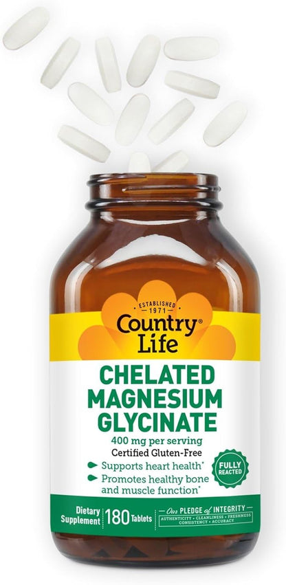 Country Life Chelated Magnesium Glycinate 400mg, 180 Tablets, Certified Gluten Free, Certified Vegan, Certified Halal, Non-GMO Verified