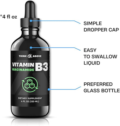 Liquid Vitamin B3 (as Niacinamide) Supplement - Non Flush Form of Niacin - Fast Absorption -Convenient Niacin Drops for Women and Men - 4 oz (120ml)
