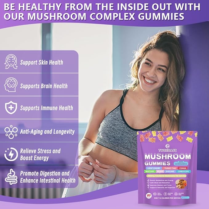 Mushroom Supplement Gummies with Ashwagandha and Lions Mane, Maitake, Turkey Tail, Reishi, Chaga, Shiitake, Cordyceps Nootropic Brain Supplement for Focus, Memory, Immune, Support and Stress Relief