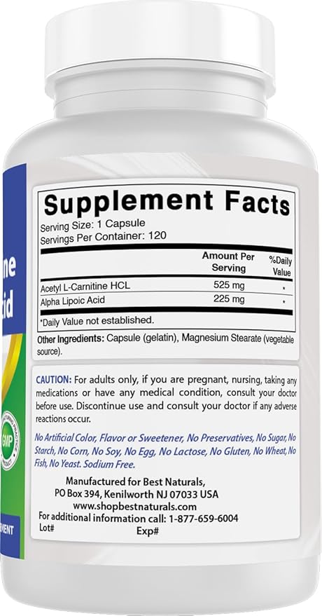 Best Naturals Acetyl L-Carnitine and Alpha Lipoic Acid 750 mg 120 Capsules