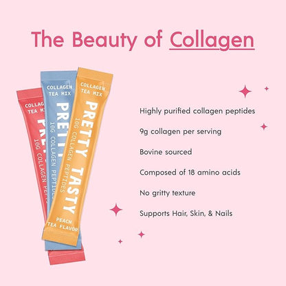 Peach Perfection Collagen Tea - Stick Pack Pouch - Succulent Peach Blend - Radiant Beauty & Wellness - 10g Collagen Peptides - 30 Count