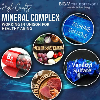 Big-V Triple Strength Vanadyl Supplement: Vanadyl Sulfate 30 mg, Taurine 600 mg, Selenium, Chromium and Niacin, Blended Mineral Supplement Capsules 90 ct