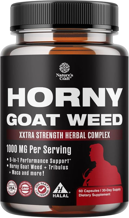 Horny Goat Weed for Men Enhancement - Extra Strength Male Enhancing Supplement with Black Maca Root, Tongkat Ali, Saw Palmetto & Panax Ginseng Extract for Stamina & Energy - 60 Capsules
