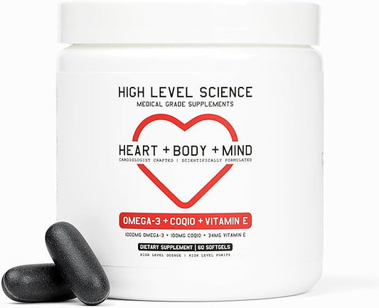 High Level Science Omega 3, CoQ10, Vitamin E for Heart + Body + Mind with DHA/EPA, Antioxidant Supplement for Energy Production, Superior Bioavailable Triglyceride Form - Gluten Free, 60 Softgels
