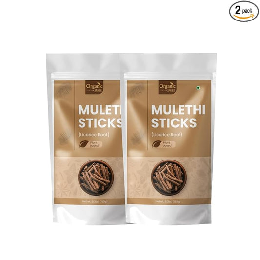 Organic Spree Licorice - Mulethi Sticks - 5.3oz (150gm) Pure and Natural Yashtimadhu - Jethimadh 150gm - Pack of 2