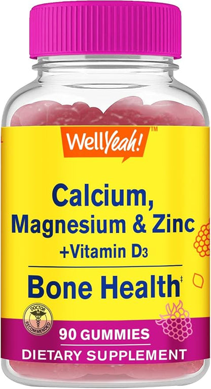 Calcium, Magnesium, Zinc + Vitamin D3 Gummies by WellYeah | Bone, Muscle and Nerve Health Support, Immune Support | for Men and Women | Gluten Free, Non GMO | Raspberry Flavor | 90 Count