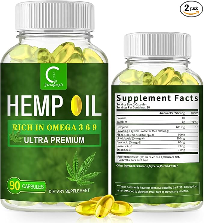GPGP GreenPeople 100% Natural Hemp Oil Capsules - 180 Servings - Extra Strength Hemp Oil Extract for Stress, Sleep & Mood Support, Rich in Omega 3, 6, 9