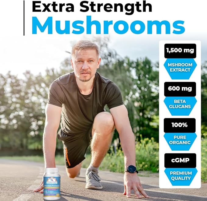 Cancer Sciences Prostate Wellness Supplements for Men, USDA Certified Organic Mushrooms Extract, Extra Strength 1,500 mg, High Potency 40% Beta-Glucans, Immune, Anti-Aging, Antioxidants, 120 Capsules
